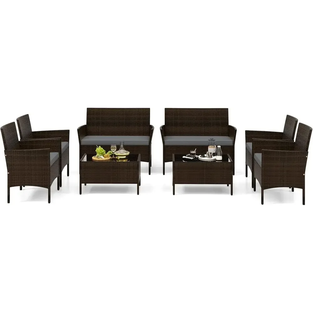 Outdoor Furniture Grey - 8-teiliges Outdoor-Rattan-Gartenmöbel-Set mit Kissen, Ecksofa, Zweisitzer