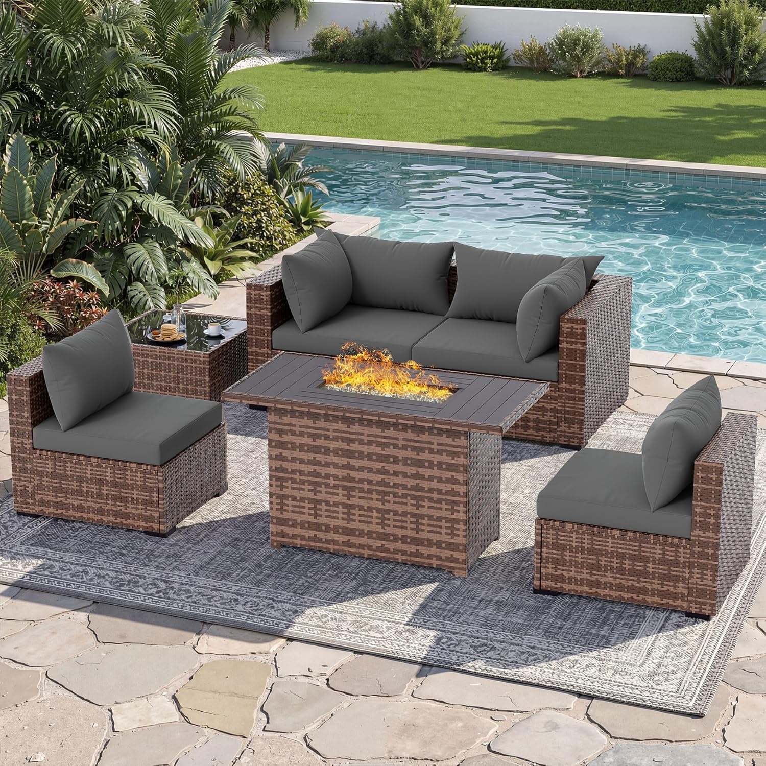 Outdoor Furniture Fire Pit - 5-teiliges Outdoor-Sofa-Set mit Feuertisch, Allwetter-Rattan-Gartenmöbel für