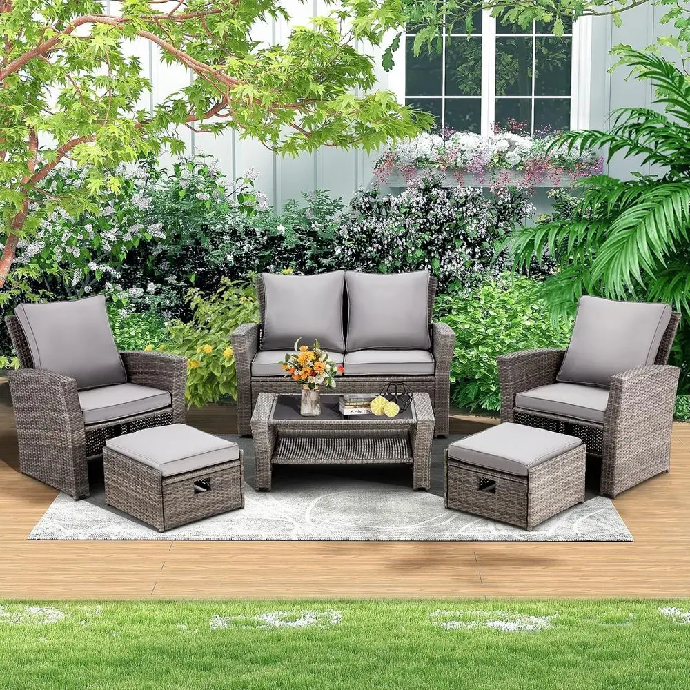 Outdoor Furniture Grey - 6-teiliges Gartenmöbel-Set mit Rattansofa, Ottoman und