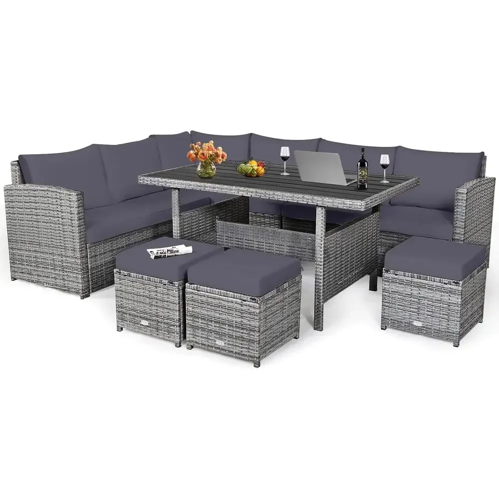 Outdoor Furniture Grey - Graues 7-teiliges Rattan-Gartenmöbelset mit Kissen, Outdoor-Esstisch