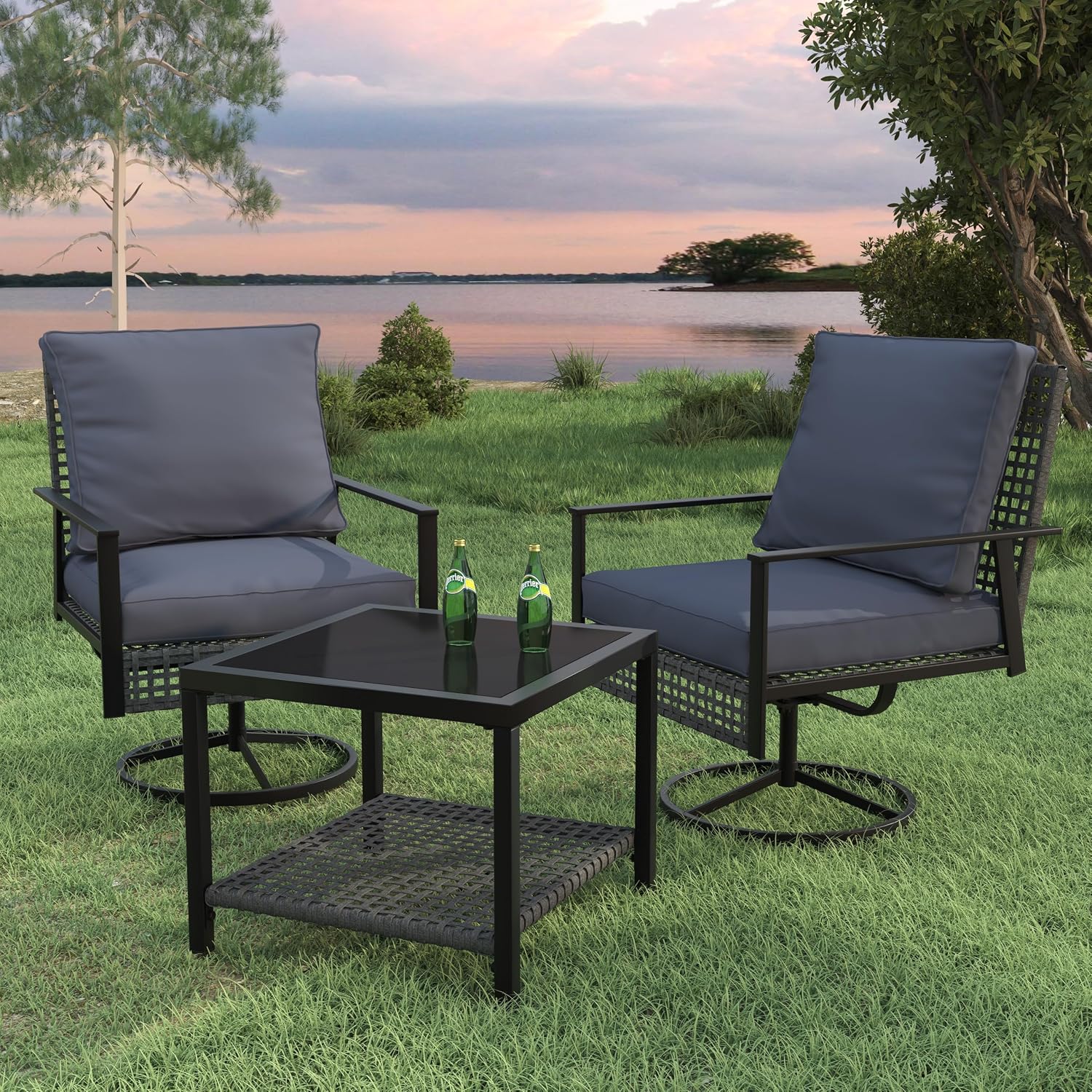Outdoor Furniture Set - 3-teiliges Set aus drehbaren Rattan-Schaukelstühlen mit
