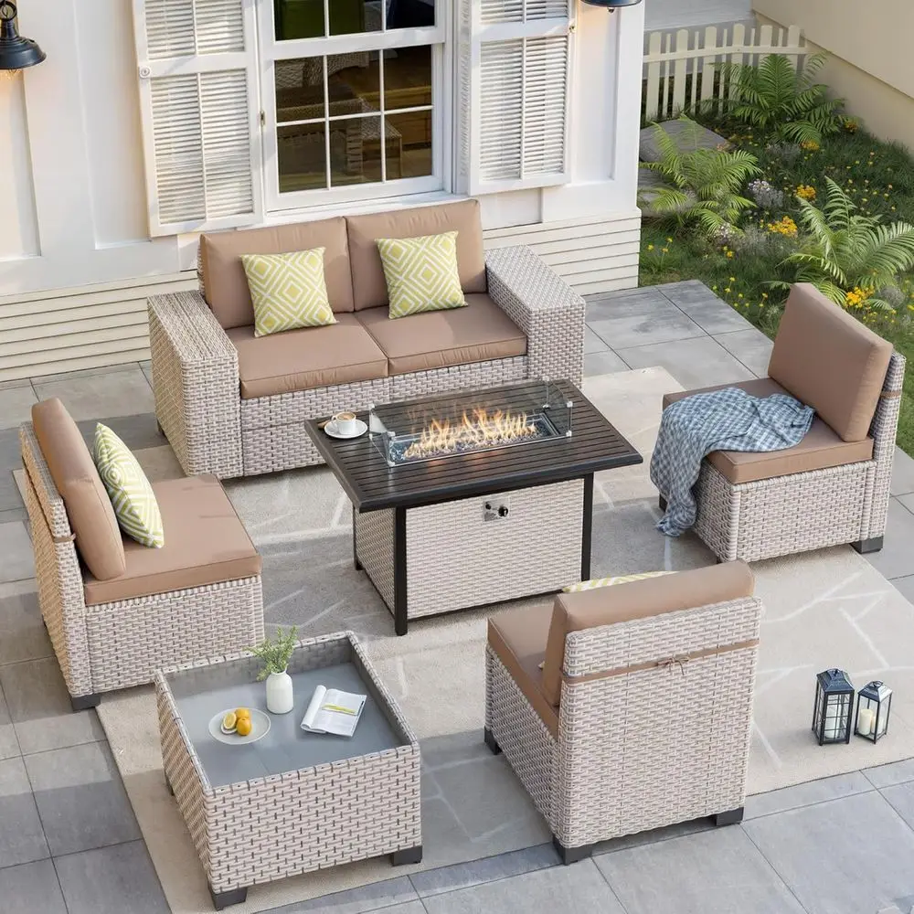 Outdoor Furniture Fire Pit - 7-teiliges Outdoor-Terrassenmöbel-Set mit Feuerstelle, Ecksofa mit