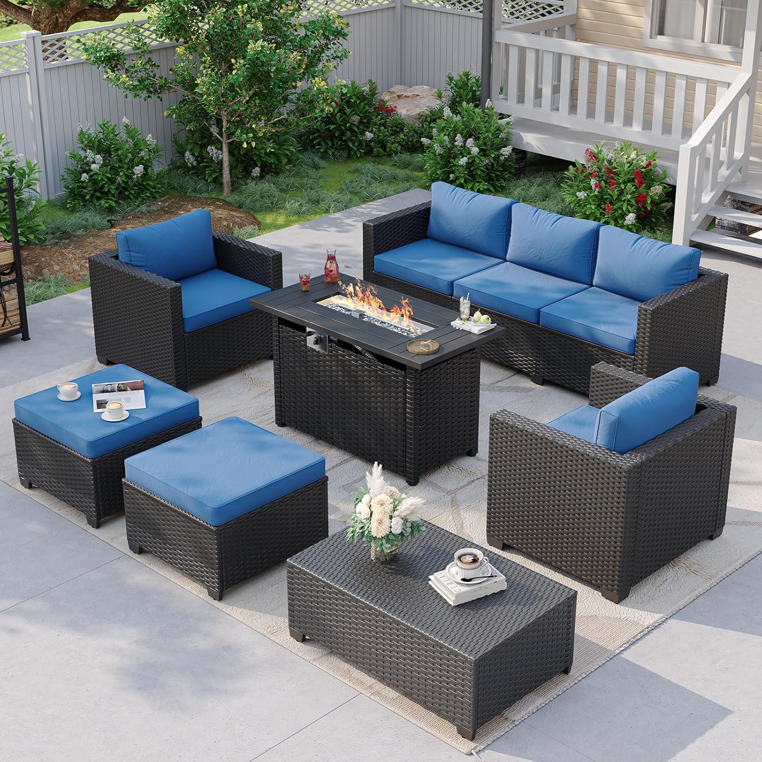 Outdoor Furniture Fire Pit - Marineblaues Outdoor-Sofa-Set mit Feuertisch und Stauraum,