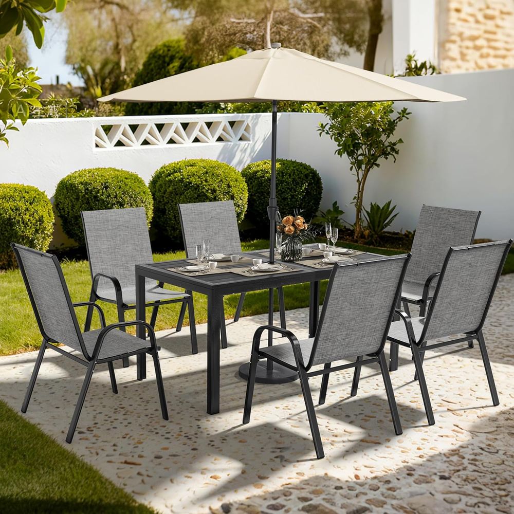 Outdoor Furniture Grey - 6-teiliges Outdoor-Essgruppen-Set mit Stahllamellen-Tisch und Textilene-Stühlen,