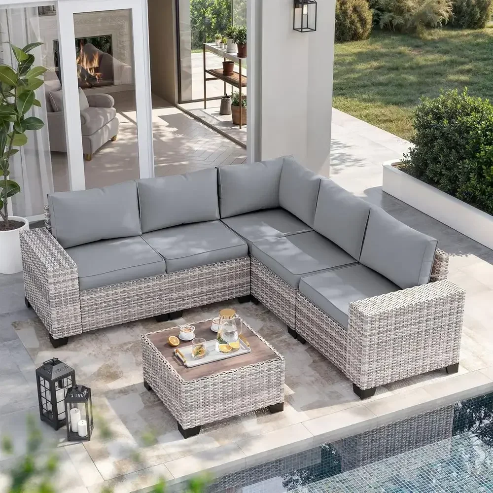 Outdoor Furniture Grey - 6-teiliges Outdoor-Gartenmöbel-Set aus Korbgeflecht mit Kissen