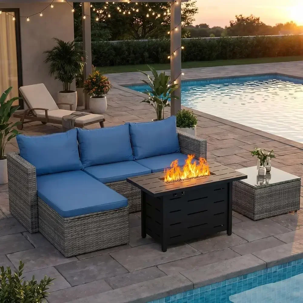 Outdoor Furniture Fire Pit - 4-teiliges Outdoor-Rattan-Gartenmöbelset mit 43-Zoll-Propan-Feuerstelle, blauen Kissen