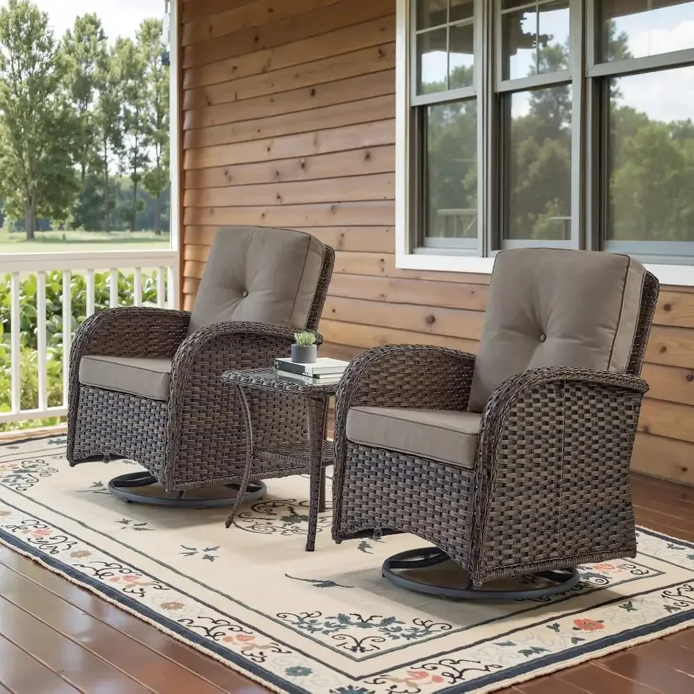 Outdoor Furniture Grey - 2-teiliges Outdoor-Dreh-Schaukelstuhl-Set mit Rattan-Beistelltisch, Braun/Grau Garten-Dreh-Glider-Möbel